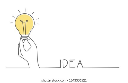 Idea concept with hand holding light bulb. Hand drawn vector illustration.