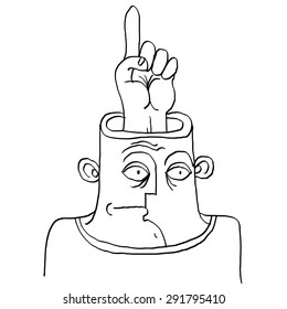 Idea concept. Hand-drawn illustration of a person thinking, finger pointing up at some space. Smart human metaphor. 