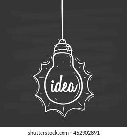 Idea concept with hanging light bulb using doodle art on chalkboard background