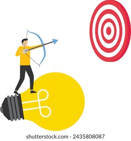 Idea para alcanzar el objetivo, hombre de negocios subiendo escaleras con bombilla de luz idea para disparar el objetivo. planificación para lograr objetivos, innovación para la visión para lograr objetivos, soluciones o conceptos de creatividad.