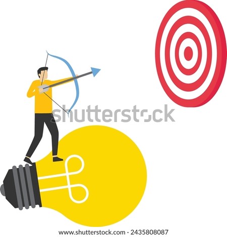 Idea concept to hit target, businessman climbing stairs with light bulb idea to shoot target. planning to achieve goals, innovation for insight to achieve targets, solutions or creativity concepts.