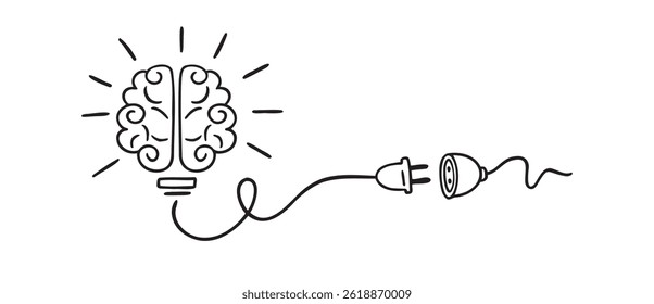 Idea concept, human brain and light bulb icon doodle hand drawn. Outline line drawing. Vector illustration