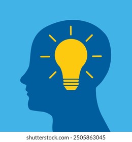 Idea concept with human head. Light bulb in a human head, concept of brainstorm or thinking emblem and unique idea. The concept of the emergence of the idea. Shining lamp inside the head.