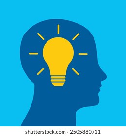 Idea concept with human head. Light bulb in a human head, concept of brainstorm or thinking emblem and unique idea. The concept of the emergence of the idea. Shining lamp inside the head.