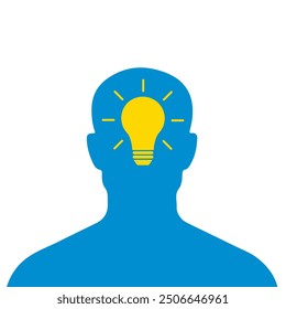Idea concept with human head. Light bulb in a human head, concept of brainstorm or thinking emblem and unique idea. The concept of the emergence of the idea. Shining lamp inside the head.