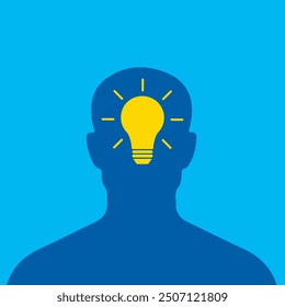 Idea concept with human head. Light bulb in a human head, concept of brainstorm or thinking emblem and unique idea. The concept of the emergence of the idea. Shining lamp inside the head.