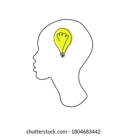 Idea concept. Human head outline and yellow light bulb.