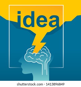 Idea concept - human head profile with  lightning strucks and piercing the brain - vector icon, infographic decoration, template