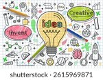 Idea concept. Icon doodle for school. Hand sketch. Science and education. Engineer technology. Graphic solution light bulb. Drawn brain. Grid page. Invent for business. Vector scribble tidy design