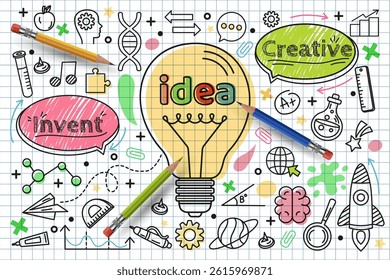 Idea concept. Icon doodle for school. Hand sketch. Science and education. Engineer technology. Graphic solution light bulb. Drawn brain. Grid page. Invent for business. Vector scribble tidy design