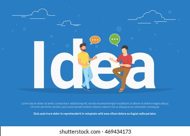 Idea de ilustración de dos jóvenes hablando de una nueva idea de negocio. Gente plana sentada sobre la idea de las letras grandes con burbujas de habla. Encabezado de negocio para el inicio o proyecto