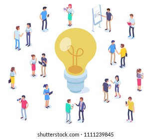 Idea concept image with characters. Can use for web banners, infographics, hero images. Flat isometric vector illustration isolated on white background.