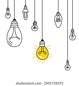 Idea concept with lamp bulbs. Yellow light bulb glowing, creative thinking and innovation. Glass bulb hang on rope, new mind classy vector concept