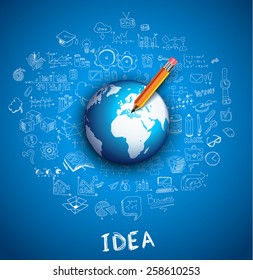 Idea Concept Layout for Brainstorming and Infographic background with graphs sketches. A lot of hand drawn infographics and related design elements are included plus 3D glossy lamp.