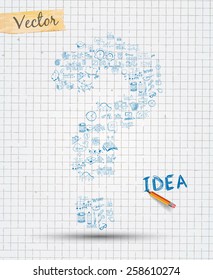 Idea Concept Layout for Brainstorming and Infographic background with graphs sketches. A lot of hand drawn infographics and related design elements are included plus 3D glossy lamp.