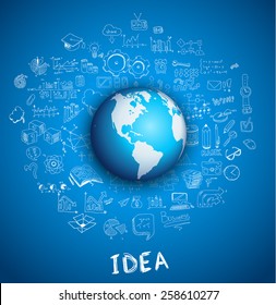 Idea Concept Layout for Brainstorming and Infographic background with graphs sketches. A lot of hand drawn infographics and related design elements are included plus 3D glossy lamp.