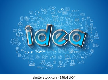 Idea Concept Layout for Brainstorming and Infographic background with graphs sketches. A lot of hand drawn infographics and related design elements are included plus 3D glossy lamp.