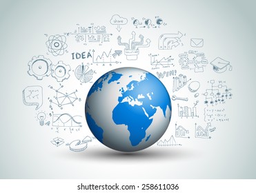 Idea Concept Layout for Brainstorming and Infographic background with graphs sketches. A lot of hand drawn infographics and related design elements are included plus 3D glossy lamp.