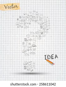 Idea Concept Layout for Brainstorming and Infographic background with graphs sketches. A lot of hand drawn infographics and related design elements are included plus 3D glossy lamp.
