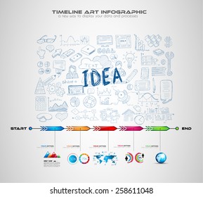 Idea Concept Layout for Brainstorming and Infographic background with graphs sketches. A lot of hand drawn infographics and related design elements are included plus 3D glossy lamp.