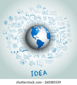 Diseño de Idea Concepto para Brainstorming y fondo Infográfico con bocetos gráficos. Se incluyen muchas infografías dibujadas a mano y elementos de diseño relacionados más lámpara brillante 3D.