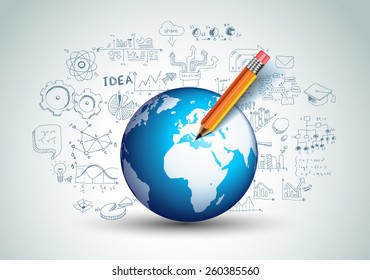 Idea Concept Layout für Brainstorming und Infografik Hintergrund mit Graphen Skizzen. Viele handgezeichnete Infografiken und verwandte Design-Elemente sind inbegriffen, plus 3D-Glühlampe.