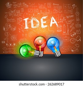 Idea Concept Layout for Brainstorming and Infographic background with graphs sketches. A lot of hand drawn infographics and related design elements are included plus 3D glossy lamp.