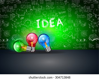 Diseño de Idea Concepto para Brainstorming y fondo Infográfico con bocetos gráficos. Se incluyen muchas infografías dibujadas a mano y elementos de diseño relacionados más lámpara brillante 3D.