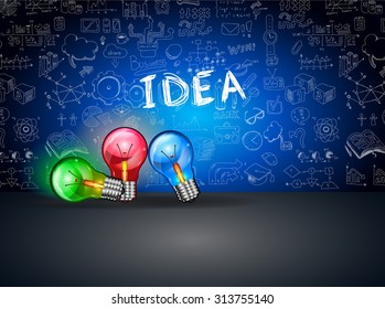 Idea Concept Layout for Brainstorming and Infographic background with graphs sketches. A lot of hand drawn infographics and related design elements are included plus 3D glossy lamp.
