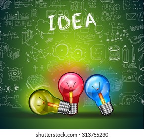 Idea Concept Layout for Brainstorming and Infographic background with graphs sketches. A lot of hand drawn infographics and related design elements are included plus 3D glossy lamp.