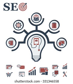 Idea Concept Layout for SEO and Development in form of lamp. Infographic background with integrated icons + 10 bonus icons. EPS.10 vector infographic illustration. 