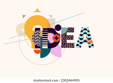 Idea concept lettering. Typographic poster with colorful letters, bulb and abstract geometric shapes. Bright decoration inscription.