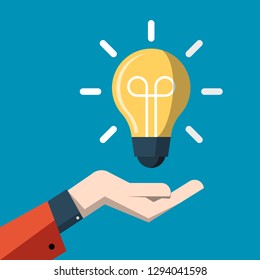 Idea Concept with Light Bulb above Hand Vector Flat Cartoon. Energy Symbol.