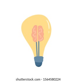 Idea concept. The light bulb with brain sign isolated on white background. Solution symbol. Creative thought metaphor. Vector flat illustration.
