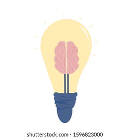 Idea concept. The light bulb with brain sign isolated on white background. Solution symbol. Lamp with mind shap. Creative thought. Vector color flat illustration.