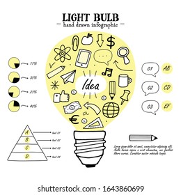 idea concept with light bulb and doodle sketches infographic icons.