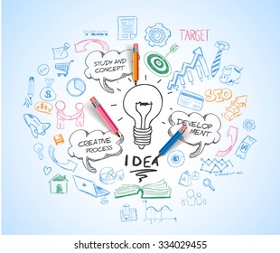 idea concept with light bulb and doodle sketches infographic icons. 