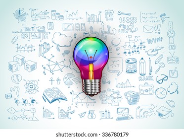 idea concept with light bulb and doodle sketches infographic icons hand drawn.