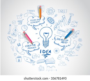 idea concept with light bulb and doodle sketches infographic icons hand drawn.