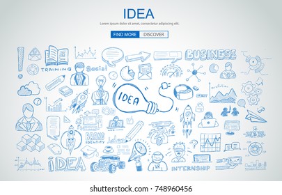 idea concept with light bulb and doodle sketches infographic icons hand drawn.