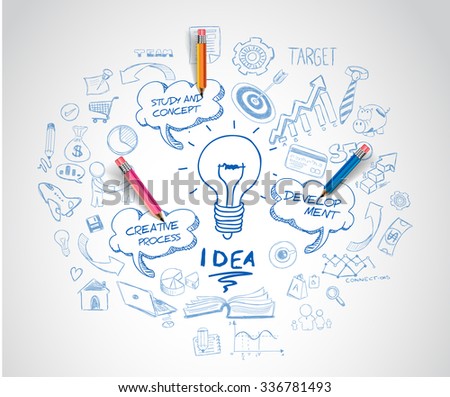 idea concept with light bulb and doodle sketches infographic icons hand drawn.