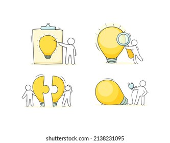 Idea concept with light bulb and people doodle illustration. Vector hand drawn set of creative solutions with lightbulb on clipboard, with plug, man with magnifying glass and lamp from puzzle pieces.