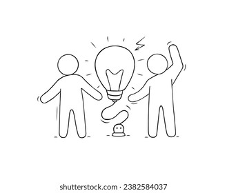 Idea concept with light bulb and people doodle illustration. Vector hand drawn objects about creative solution with lightbulb.