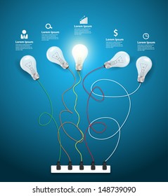 Idea concept with light bulbs on a blue background workflow layout, diagram, step up options, Vector illustration modern template design