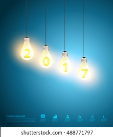 Idea concept with light bulbs on a blue background, with new year 2017 design, vector illustration