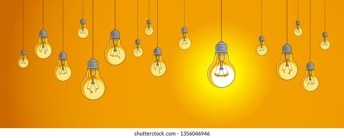 Idea concept light bulbs vector illustration with single one is shining, think different, creativity, be special, leadership.