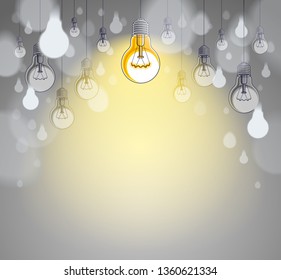 Idea concept light bulbs vector illustration with single one is shining, think different, creativity, be special, leadership. Composition with copy space for text.
