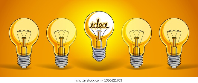 Idea concept light bulbs vector illustration with single one is shining, think different, creativity, be special, leadership.
