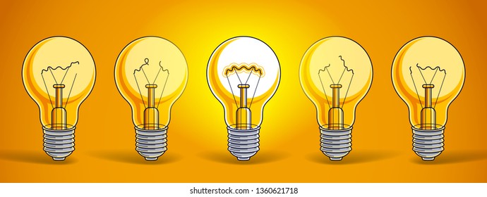 Idea concept light bulbs vector illustration with single one is shining, think different, creativity, be special, leadership.