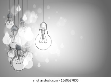 Idea concept light bulbs vector illustration with single one is shining, think different, creativity, be special, leadership. Composition with copy space for text.